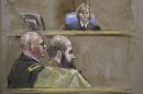 In this court room sketch, Judge Col. Tara Osborn, top, Maj. Nidal Malik Hasan, right, and defense attorney, Lt. Col. Kris Poppe, left, are shown, Wednesday, Aug. 21, 2013, in Fort Hood, Texas. Hasan rested his case Wednesday without calling any witnesses or testifying in his own defense. Hasan is accused of killing 13 people and wounding more than 30 others at the Texas military base in November 2009. (AP Photo/Brigitte Woosley)
