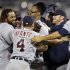 Detroit Tigers players celebrate following a baseball game against the Kansas City Royals at Kauffman Stadium in Kansas City, Mo., Monday, Oct. 1, 2012. The Tigers defeated the Royals 6-3 and clinched the AL Central title. (AP Photo/Orlin Wagner)