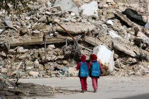 Syrian girls, carrying school bags provided by UNICEF,&nbsp;&hellip;