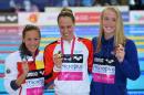 Denmark's Rikke Pedersen (C) won gold in the Women's 200m Breastroke Final event at the European Aquatics Championships in London