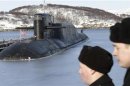 A view shows Russia's nuclear-powered submarine Yekaterinburg at a Russian navy base in Murmansk region