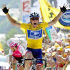 FILE - In this July 22, 2004, file photo, Lance Armstrong reacts as he crosses the finish line to win the 17th stage of the Tour de France cycling race between Bourd-d'Oisans and Le Grand Bornand, French Alps. In 2004, Armstrong was also named Associated Press Male Athlete of the Year and ESPN's ESPY Award for Best Male Athlete. (AP Photo/Laurent Rebours, File)