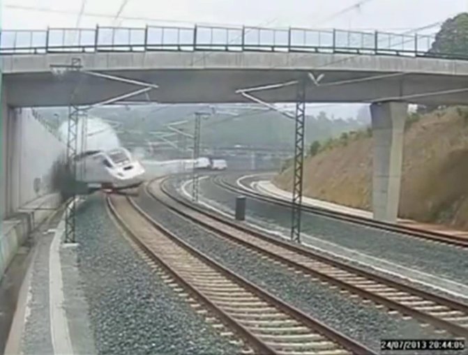 CORRECTS DATE - This image taken from security camera video shows a train derailing in Santiago de Compostela, Spain, on Wednesday July 24, 2013. Spanish investigators tried to determine Thursday why a passenger train jumped the tracks and sent eight cars crashing into each other just before arriving in this northwestern shrine city on the eve of a major Christian religious festival, killing at least 77 people and injuring more than 140. (AP Photo)