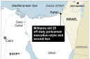 Map locates Rafah, Egypt, where 25 off-duty policemen are killed by militants; 2c x 3 1/2 inches; 96.3 mm x 88 mm;
