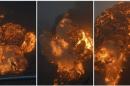 A combination photo shows a sequence of an explosion erupting from a CSX Corp train derailment in Mount Carbon West Virginia
