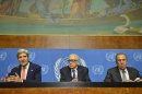 John Kerry, left, US Secretary of State, Lakhdar Brahimi, center, UN Joint Special Representative for Syria and Sergei Lavrov, right, Russian Foreign Minister, attend a press conference after their meeting at the European headquarters of the United Nations in Geneva, Switzerland, Friday, Sept. 13, 2013. Kerry and Lavrov say the prospects for a resumption in the Syria peace process are riding on the outcome of their chemical weapons talks. (AP Photo/Keystone, Martial Trezzini)