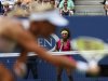 Czech Republic's Andrea Hlavackova returns a shot to Serena Williams in the fourth round of play at the 2012 US Open tennis tournament,  Monday, Sept. 3, 2012, in New York. Williams won the match. (AP Photo/Julio Cortez)