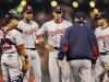 Washington Nationals starter Zach Duke, second from left, is pulled from the game by manager Davey Johnson, second from right, during the fourth inning of a baseball game on Monday, May 20, 2013 in San Francisco. (AP Photo/Marcio Jose Sanchez)