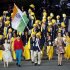 India's flag bearer Sushil Kumar holds the national flag as he leads the contingent in the athletes parade during the opening ceremony of the London 2012 Olympic Games at the Olympic Stadium