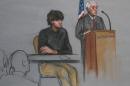 In this Jan. 5, 2015, file courtroom sketch, Boston Marathon bombing suspect Dzhokhar Tsarnaev, left, is depicted beside U.S. District Judge George O'Toole Jr., right, as O'Toole addresses a pool of potential jurors in a jury assembly room at the federal courthouse, in Boston. Lawyers for Boston Marathon bombing suspect Tsarnaev have asked a judge three times to move his trial out of Massachusetts because of the emotional impact of the deadly attack. Three times, the judge has refused. On Thursday, Feb. 19, Tsarnaev's defense team will ask a federal appeals court to take the decision out of the hands of O'Toole Jr. and order him to move the trial. They insist that Tsarnaev cannot find a fair and impartial jury in Massachusetts because too many people believe he's guilty and many have personal connections to the marathon or the bombings. (AP Photo/Jane Flavell Collins, File)