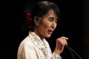 Myanmar's opposition leader Suu Kyi delivers the annual Godkin Lecture at the John F. Kennedy Jr. Forum at Harvard University in Cambridge, Massachusetts