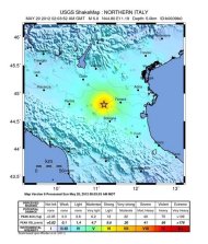 The intensity of shaking from the 6.0 magnitude earthquake that struck northern Italy on May 20, 2012.