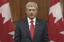 Canada's Prime Minister Stephen Harper speaks during a nationally televised address on CBC in this still image taken from video courtesy of CBC in Ottawa,