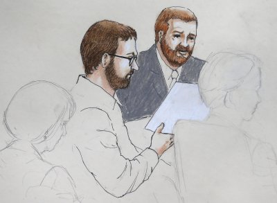 CLICK IMAGE for slideshow: In this Monday, April 27, 2015 sketch by courtroom artist Jeff Kandyba, Aurora theater shooting defendant James Holmes, cen...