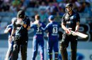 Brendon McCullum (L) hides his face as team-mate Kane Williamson walks off after being caught, on February 23, 2013