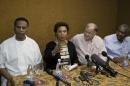 Congresswoman Barbara Lee, speaks during a press conference, accompanied by Congressman Emanuel Cleaver, left, Congressman Sam Farr, second from right, and Congressman Gregory Meeks at the Hotel Saratoga in Havana, Cuba, Monday, May 5, 2014. Congresswoman Lee spoke about the situation of imprisoned U.S. government subcontractor Alan Gross. (AP Photo/Franklin Reyes)