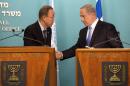 Israeli Prime Minister Benjamin Netanyahu (R) shakes hands with UN chief Ban Ki-moon during a joint presser in Jerusalem on October 20, 2015