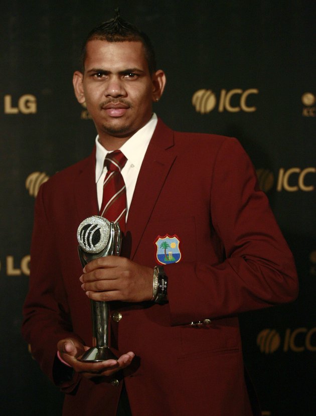 ICC's Emerging Player of the Year, Narine of West Indies, poses with his award during the ICC Awards in Colombo