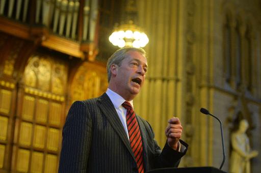 UK Independence Party (UKIP) leader Nigel Farage addresses the Bruges Group at the Manchester Town Hall in north-west England, on September 30, 2013