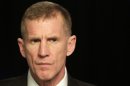 Retired Gen. Stanley McChrystal reacts during an interview with The Associated Press, Monday, Jan. 7, 2013 in New York. McChrystal says he was "completely surprised" by the uproar that followed publication of a Rolling Stone article featuring derogatory comments attributed to his staff about the Obama administration. He is now promoting his new book entitled "My Share of the Task." (AP Photo/Mark Lennihan)