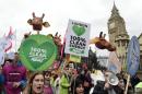 Climate change demonstrators march to demand curbs to carbon pollution in London on November 29, 2015 on the eve of the climate summit in Paris