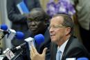 Head of MONUSCO and special envoy of the UN secretary-general, Martin Kobler, gives a press conference on August 28, 2013 at the headquarters of the UN peacekeeping mission in Kinshasa