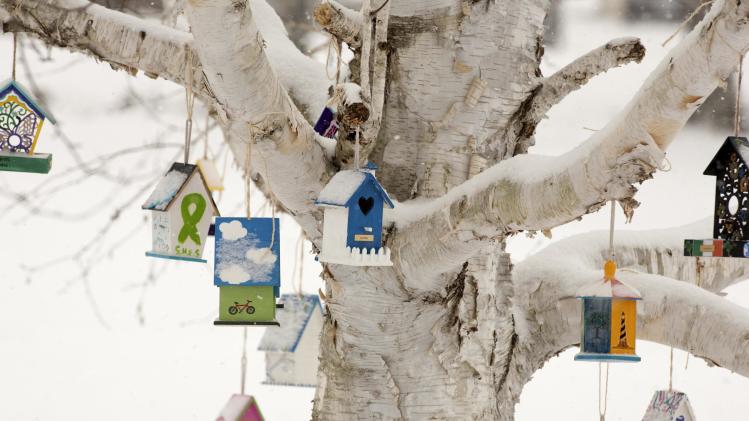 Personalized birdhouses are part of a memorial for the victims of the Sandy Hook Elementary School shooting in Newtown