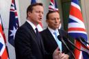 UK Prime Minister David Cameron (L) and Australian Prime Minister Tony Abbott attend a press conference at Parliament House in Canberra on November 14, 2014
