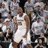 Michigan State's Derrick Nix (25) reacts after Branden Dawson, right, scored and drew a foul against Michigan during the first half of an NCAA college basketball game, Tuesday, Feb. 12, 2013, in East Lansing, Mich. (AP Photo/Al Goldis)