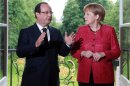 France's President Hollande and German Chancellor Merkel arrive for a meeting at the Elysee Palace in Paris