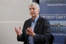 Gov. Rick Snyder declares a financial emergency during a broadcast in Detroit, Friday, March 1, 2013. The determination could lead to the appointment of an emergency manager over the city's finances. (AP Photo/Paul Sancya)