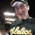 Oakland Athletics manager Bob Melvin has pie residue on his face after being hit with a pie byJosh Reddick in celebration of clinching a wild card berth in the American League at the end of a baseball game against the Texas Rangers Monday, Oct. 1, 2012, in Oakland, Calif. (AP Photo/Ben Margot)