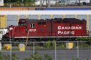 A Canadian Pacific Railway locomotive sits at the Obico Intermodal Terminal in Toronto