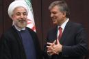 Turkish President Abdullah Gul (R) and Iranian President Hassan Rouhani speak during a press conference at the presidential palace in Ankara on June 9, 2014