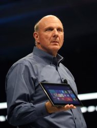 Microsoft CEO Steve Ballmer holds the new Surface as it is unveiled in Los Angeles, California, June 18, 2012. REUTERS/David McNew
