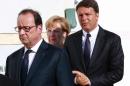 French President Francois Hollande (L), German Chancellor Angela Merkel (C) and Italian Prime Minister Matteo Renzi, arrive at the Capodichino international airport in Naples on August 22, 2016