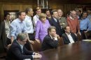 Prime Minister Cameron, President Obama, Chancellor Merkel, Barroso, watch the overtime shootout of the Chelsea vs. Bayern Munich Champions League final at Camp David