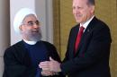 Turkish President Recep Tayyip Erdogan (R) shakes hands with his Iranian counterpart Hassan Rouhani during an official welcoming ceremony at the presidential complex in Ankara on April 16, 2016