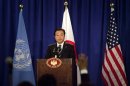 Japan's Prime Minister Yoshihiko Noda addresses a news conference in New York