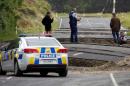 Policemen and locals look at damage following an earthquake, along State Highway One near the town of Ward, New Zealand
