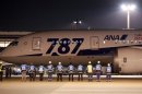 Airport staff send off All Nippon Airways' Boeing Co's 787 Dreamliner plane before it's take off for Tokyo-San Jose flight service at New Tokyo international airport in Narita, Japan