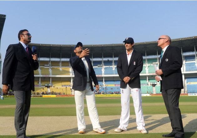 Ravi Shastri, MS Dhoni, Alastair Cook and Jeff Crowe at the toss on Day 1 of the fourth cricket Test match between India and England at the Jamtha Stadium in Nagpur, December 13, 2012. (BCCI)