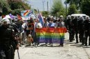 Riot police protect LGBT activists during a gay pride parade in Budva