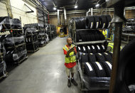 <p>               In this Tuesday, July 24, 2012 photo, forklift driver Clyde Boyce takes inventory in the warehouse at a Michelin tire manufacturing plant in Greenville, S.C. Orders to U.S. companies rose in July, reflecting a surge in demand for autos and commercial aircraft. But in a troubling sign of manufacturing weakness, a key orders category that tracks business investment plans fell by the largest amount in eight months, according to the Commerce Department, Friday, Aug. 31, 2012. (AP Photo/Rainier Ehrhardt)