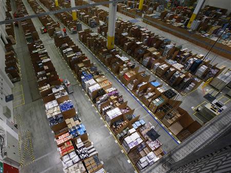 General view of the storage hall at warehouse floor in Amazon's new distribution center in Brieselang