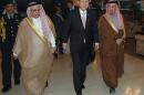 A picture released by the Saudi Press Agency shows UN chief Ban Ki-Moon (C) being escorted by Saudi Minister of Foreign Affairs Nizar Bin Obaid Madani (R) and Saudi permanent representative to the UN Abdullah al-Muallami on February 7, 2015 in Riyadh