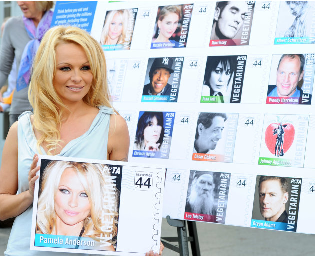 PETA Goes Postal: Bob Barker and Pamela Anderson Unveil Vegetarian Icons Postage Sheet