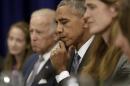 President Barack Obama, joined by Vice President Joe Biden, second from left, and United States United Nations Ambassador Samantha Power, right, pauses as Iraqi Prime Minister Haider al-Abadi speaks to media during a bilateral meeting at the Lotte New York Palace Hotel in New York, N.Y., Monday, Sept. 19, 2016. (AP Photo/Carolyn Kaster)