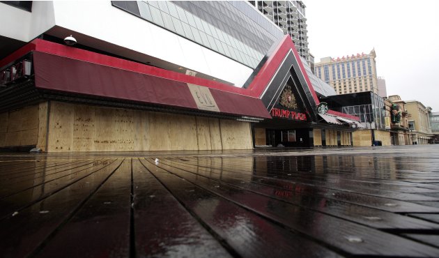 The Trump Plaza Casino and other properties with doors covered with sheets of plywood for protection from Hurricane Sandy, are seen on the Atlantic City boardwalk as the storm approaches