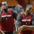 Miami Heat small forward LeBron James, left, and shooting guard Dwyane Wade joke during practice, Wednesday, June 20, 2012, in Miami. The Heat play Game 5 against the Oklahoma City Thunder on Thursday. (AP Photo/Alan Diaz)